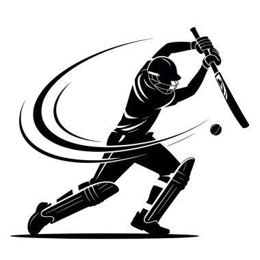 Beyaz arka planda izole edilmiş dinamik hareket çizgileri ile güçlü bir atış yapan kriket vurucusunun silueti