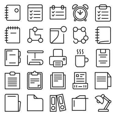 Beyaz arkaplanda 25 özet ofis ve belge yönetimi, planlama ve yönetim simgesinden oluşan bir set