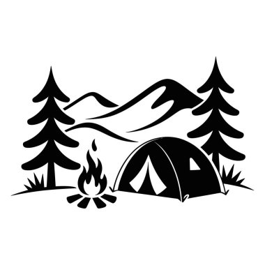 Siyah-beyaz basit bir vektör çizimi. Dağlık alanda kamp ateşi ve çadır çizimi.