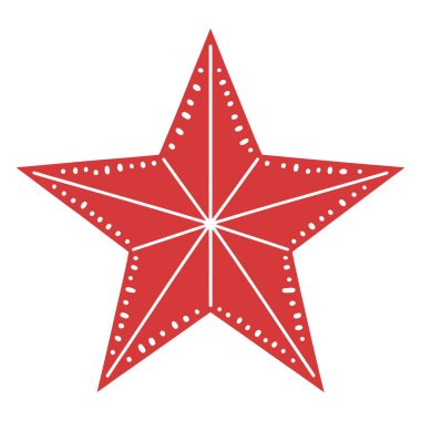 Dekoratif kırmızı beş köşeli yıldız şekli beyaz noktalı dış hatları ve iç hat detaylarıyla, beyaz arkaplanda izole edilmiş.