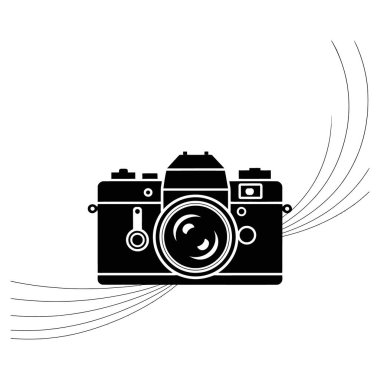 Soyut müzik notaları ve ses dalgalarıyla birlikte Retro analog film kamerası silueti