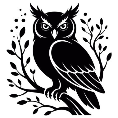 Soyut botanik elementler ve dağınık noktalarla çevrili çıplak bir dala tünemiş görkemli bir gece baykuşunun ayrıntılı silueti.