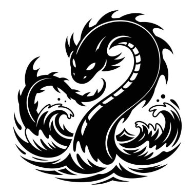 Çalkantılı okyanus dalgalarından çıkan esrarengiz kara yılan. Tarz sahibi bir resimde parlayan gözler.