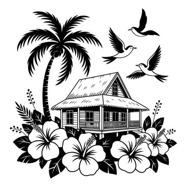 Tropikal bungalov, uzun palmiye ağaçlarıyla dolu canlı amber çiçekleri ve el çizimi tarzında uçan kuşlar arasında kuruludur.