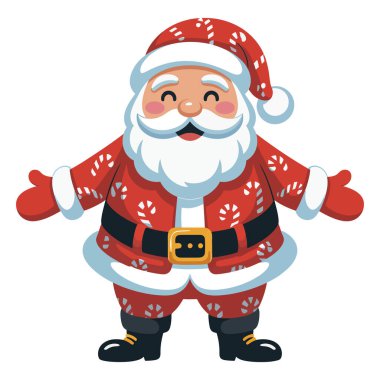 Neşeli çizgi film Noel Baba karakteri, açık kolları ve kar tanesi desenleriyle süslenmiş, bayram kutlamalarına hazır kırmızı elbisesi var.