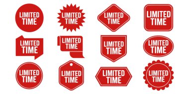 Promosyon teklifleri için çeşitli şekillerde ve stillerde metin sınırlı zaman içeren 13 farklı kırmızı satış etiketi ve etiketi koleksiyonu