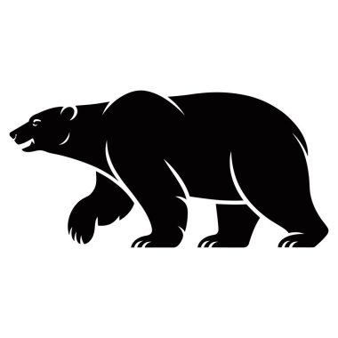 Ayı vektörü siyah siluet ormanda detaylı pençeleriyle vahşi doğanın vahşi hayvan gücünün beyaz arka plan sembolü üzerinde yürüyor..