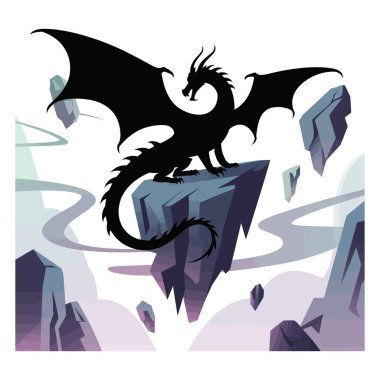 Eski ölçekli kanatlı sürüngen mitolojik canavar grafik illüstrasyonu şeffaf arkaplanda izole edilmiş kaya oluşumunun üzerinde ejderha içerir.