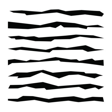 Siyah kırık çizgi ayırıcıları, soyut pürüzlü şekiller, yırtık kağıt kenarlar, modern geometrik kenarlar, grunge elemanları, grafik tasarım bileşenleri