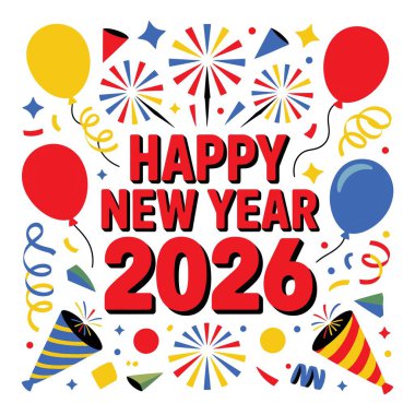 Yeni yıl 2026 tebrik kartı. Yeni yıl partisi posterin kutlu olsun. Balonlarla, konfetilerle ve havai fişeklerle süslü tasarım..
