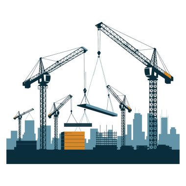 Ağır makineler, vinçler, bina geliştirme, şehir silueti olan sanayi şantiyesi. Mimarlık ve mühendislik süreci.