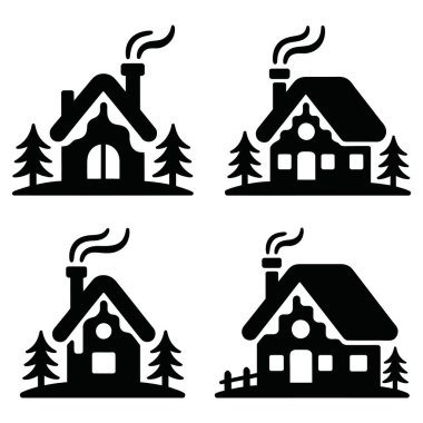 Kışlık dağ kulübesi, baca ve çam ağaçlarıyla dolu ev. Karlı manzara Noel tatili köyü.