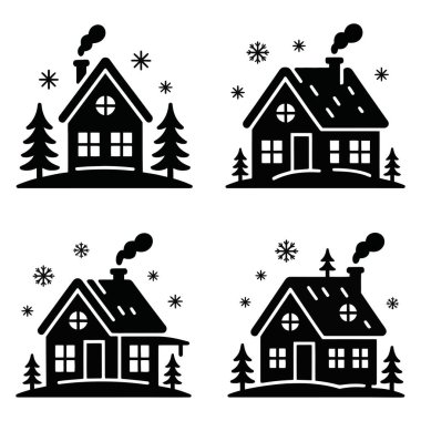 Noel kış köyü siluet koleksiyonu. Bacalardan, çam ağaçlarından ve kar tanelerinden çıkan dumanlı evler. Tatil sezonu tasarımları.