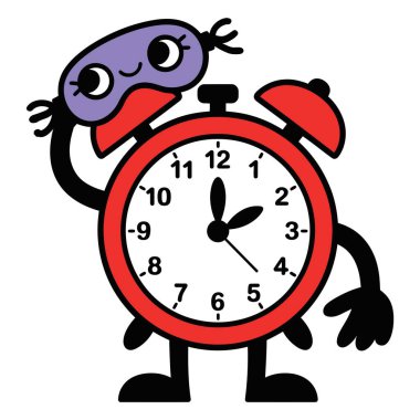 Mutlu çizgi film karakteri uyku maskesi takıyor. Uyanış rutini. Sabah konsepti. Zaman yönetimi grafiği.