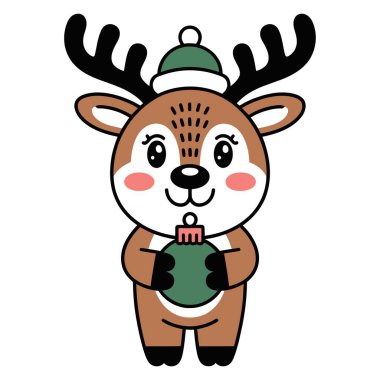 Güzel bir Noel geyiği çizgi film karakteri şapka takıyor. Kış tatilinin mutlu hayvan sembolü. Şenlik sezonu grafiği.