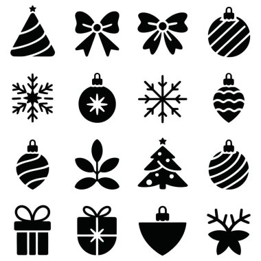 Noel dekorasyon ikonları seti, festival sezonu elementleri, yeni yıl kutlama sembolleri, kış etkinliği süslemeleri, siyah vektör tasarımı