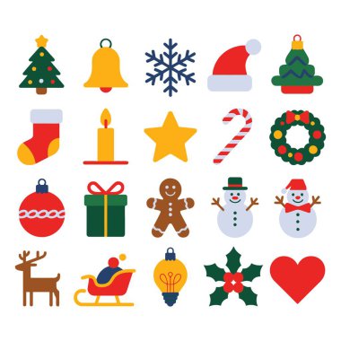 Noel bayramı ikonu seti, festival sezonu elemanları, yeni yıl sembolleri, kış kutlaması süslemeleri, geleneksel xmas simgeleri