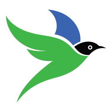 Uçan zarif bir kuş. Renkli kanatlı uçan kuş. Havada süzülen bir kuş. Vahşi yaşam vektör simgesi. Yeşil ve mavi tüylü yaratık. Özgürlük ve doğanın sembolü..