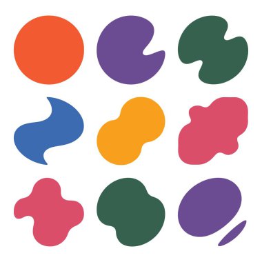 Renkli sıvı şekilleri ayarlandı. Soyut organik kabarcıklar. Canlı sıvı formlar. Çeşitli sanatsal öğeler. Modern grafik tasarımı. Dinamik yaratıcı varlıklar.