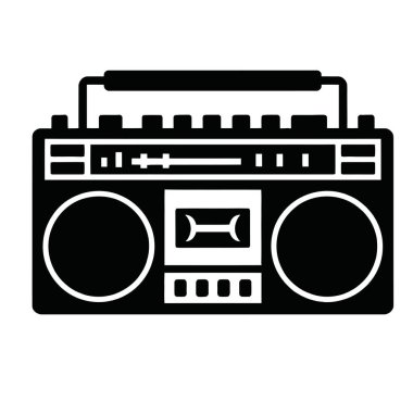 Siyah siluet klasik boombox radyo kaset çalar grafik tasarımı. Retro ses eğlence aracı simgesi, eski moda müzik teknolojisi.