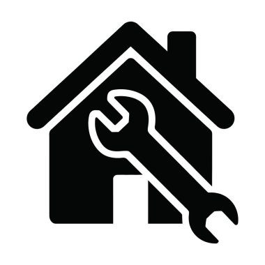 İngiliz anahtarı ikonlu siyah siluet ev. Gayrimenkul geliştirme ve inşaat geliştirme için ev onarım hizmeti sembolü.