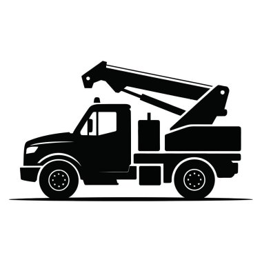 Çekici siyah vektör simgesi. Vinçli ağır görev aracı. Endüstriyel taşımacılık servisi silueti izole etti. Çekici kurtarılıyor.