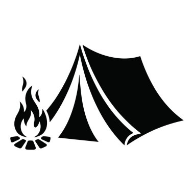 Kamp ateşi, açık hava macerası, doğa deneyimi, siyah siluet, vektör çizimi, vahşi doğa kampı.