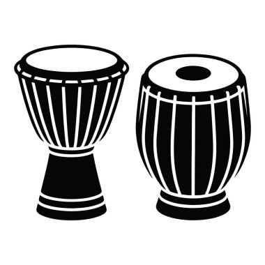 Hint müzik aletleri. Geleneksel davul Tabla ve djembe. Müzik aleti. ses ve ritim. Kültürel miras. siyah siluet.
