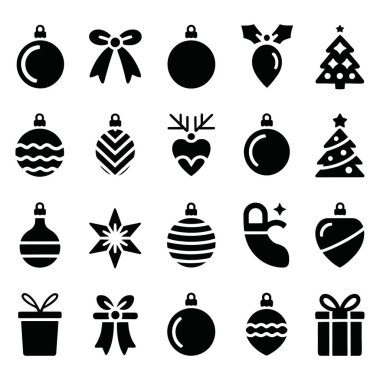 Kış mevsimi kutlama vektörü çizimleri için festival dekorasyonlarının siyah siluetleri ve tatil sembollerinin yer aldığı bir dizi Noel süsü simgesi.