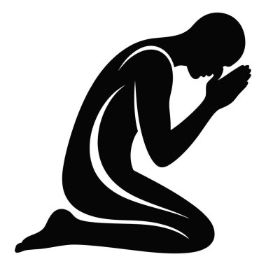 Diz çöken insan silueti. Yansıtıcı duruş. İbadet pozisyonu. Ellerinizi birleştirin. Ruhani meditasyon. Alçakgönüllü bir jest. Huzurlu bir an.