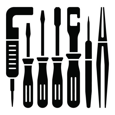 Bakım ve montaj işleri için tornavida, pense ve diğer tamir araçlarını içeren el aletleri seti, temel inşaat ekipmanları.