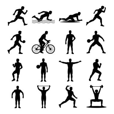Spor aktivitesi siluetleri. Koşan yüzme bisikleti. Ağırlık kaldırma egzersizi. Spor salonu egzersizleri sağlıklı yaşam tarzını canlandırıyor.