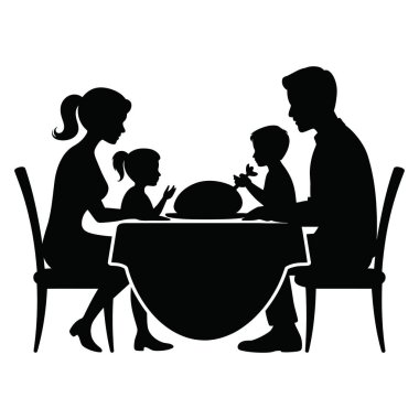 Aile yemeği masası silueti. Ebeveynler ve çocuklar birlikte yemek yiyorlar. Ev yemeği zamanı. Mutlu insanlar yemek yiyor. İlişki