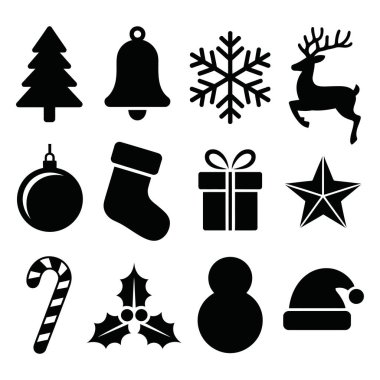 Noel tatili siyah siluet simgeleri ayarlandı. Şenlikli tasarım ögeleri.
