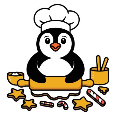 Mutlu penguen şefi hamuru sarıyor Noel kurabiyeleri şeker kamışı.