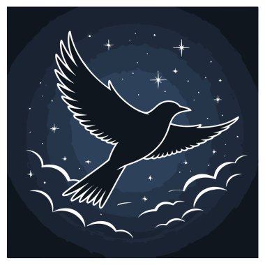 Geceleri uçan kuş silueti. Yıldızlı gökyüzü. Vektör sanat tasarımı.