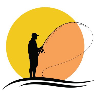 Balık oltası siluet vektör sanatı. Balıkçılık sporu ve eğlence aktivitesi.