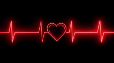 Heartbeat Lifeline With Neon Heart Parlayan Kırmızı Arkaplan Animasyonu Sağlık Hizmetleri Tıbbi ve Kalp Aşk Romantizmi Tema Videosu Nabız Ritim Videosu
