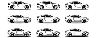 Modern arabaların çizgi sanatı yan görünüş zarif araç koleksiyonu.