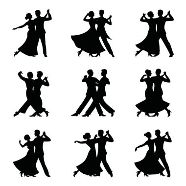 Balo Dansı Siluetleri. Tango, Waltz ve Latin Dansı 'nın Vektör İllüstrasyonu.