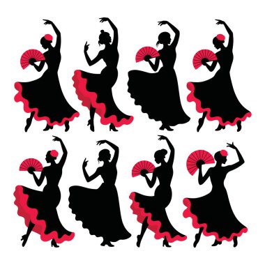 Flamenko dansçıları siluet ayarlandı. İspanyol kültürü, geleneksel dans.