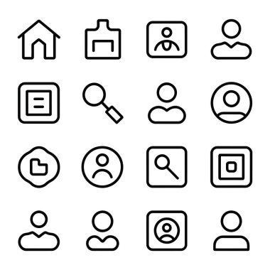 16 arayüz simgesi. Ana sayfa. Yazıcı arayüzü. Kişi profili.