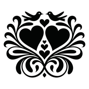 Romantik çiçek kalp süsü. Aşk kuşları dallara tünemiş sevgi dekorları..