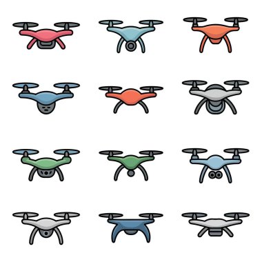 Collection of modern drones. Designs in green red blue and white.