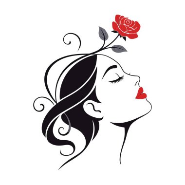 Zarif kadın. Kırmızı gül. Leydi Siluet. Çiçek açan güzellik. Zarif profil.