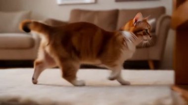 Kırmızı Topa Tekmeleyen Turuncu Kedi Sonra Parlak Modern Ev, Bıyık Hareketi ve Sinema Videosu 'nda Ahşap Döşeme ve Miyavlama