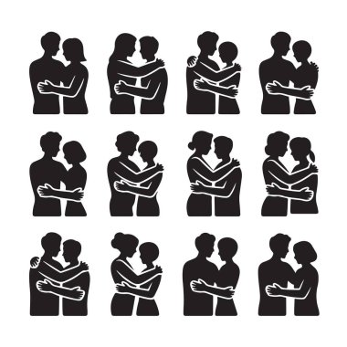 Romantik aşıkların kucaklaşması ve siluet tasarımı