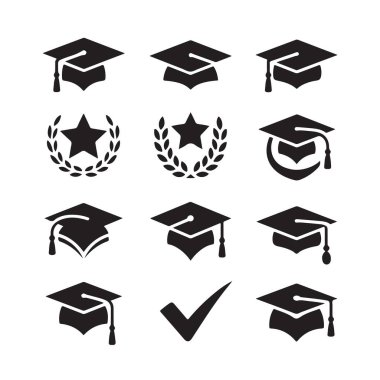 Eğitim diplomasını temsil eden dokuz mezuniyet başlığı simgesi koleksiyonu.