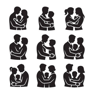 Aile içi sevgiyi temsil eden dokuz siluet simgesi koleksiyonu.