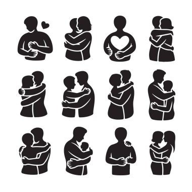 Sevgi dolu çiftlerin siluetleri ve aşk tasarımı konsepti koleksiyonu